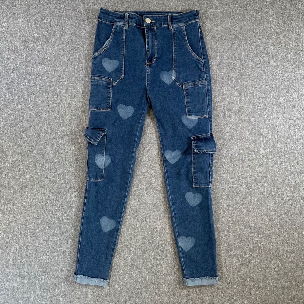 Divary Jeans Women 28 Cargo Blue Heart Print Frayed Hem Utility